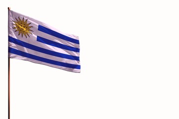 Obraz premium Fluttering Uruguay isolated flag on white background, mockup with the space for your content.