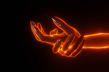 Close up 3D view of right hand holding left hand with light fire glowing effect. Concept of please.