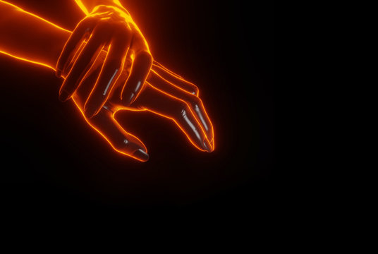 Close Up View Of Hand Grabbing Hand With Light Fire Glowing 3D Effect. Helping Each Other Concept.