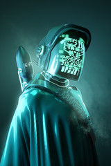 Mysterious Human model in a futuristic space outfit. Technology and people 3D illustration. © James Thew