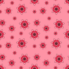 Seamless repeat pattern with red flowers on pink white background. drawn fabric, gift wrap, wall art design, wrapping paper, background, fabric print, web page backdrop.