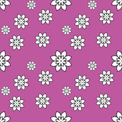 Seamless repeat pattern with white flowers  on crimson background. drawn fabric, gift wrap, wall art design, wrapping paper, background, fabric print, web page backdrop.