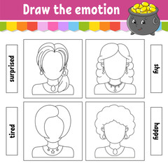 Draw the emotion. Worksheet complete the face. Coloring book for kids. Cheerful character. Vector illustration. Black contour silhouette. Isolated on white background.