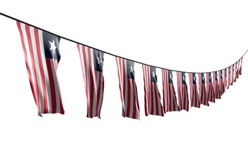 cute many Liberia flags or banners hangs diagonal with perspective view on string isolated on white - any holiday flag 3d illustration..