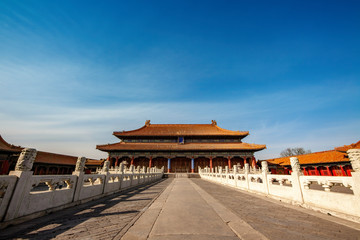 Forbidden City over clear blue sky, ancient historical Palace Museum, Beijing, China