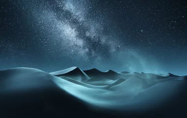 Crédence de cuisine en verre imprimé Vert bleu Dunes de sable vallonnées la nuit avec la voie lactée qui traverse le ciel. Illustration de techniques mixtes.