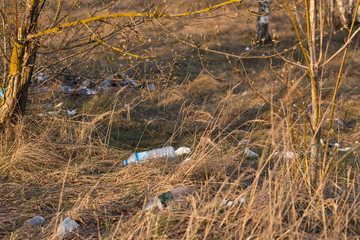 there is dirt and garbage on the grass