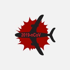 black silhouette of a flying plane and a coronavirus sign. Vector illustration isolated on a white background