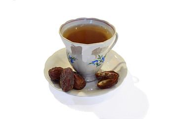 Cup with tea and a saucer with dates.