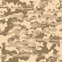 Brown beige camouflage seamless pattern. Grunge military camo texture. Desert masking color. Stock vector illustration.