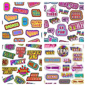 Set of 4 seamless patterns with modern slang phrases, words. Quirky cartoon comic style of 80-90s. White background. Vector wallpapers.