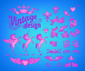 Vintage design elements set. Ribbons in bright neon colors. Vector illustration. 1980s style. Ornate vector decoration. Luxury, royal and Victorian concept design. Heraldic floral texture.