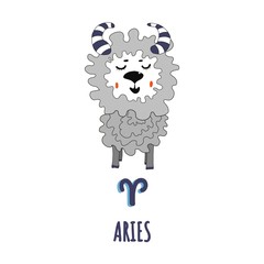 Zodiac signs Aires,lettering hand drawn in cartoon style.cute character from the constellations of horoscope.Suitable for children s products, t-shirts, cups, calendar, postcards sticker.isolated