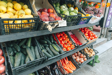 Fresh grocery store on the street in European city.