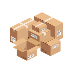 Isometric big stack of opened and closed cardboard boxes isolated on whte background. 3D warehouse packaging, storage, relocation and transportation concept. Vector illustration