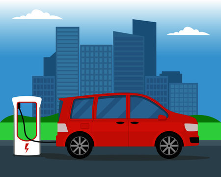 Electric car charging on city background. Concept illustration for environment, ecology, sustainability, clean air, future. Vector illustration in flat style.