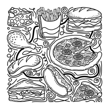 Fast food doodle drawing Vector. such as pizza, burger, Bread and cheese etc. Hand drawn vector doodle illustrations 