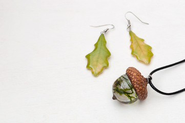 handmade epoxy resin jewelry. oak leaf earrings. acorn pendant. dried, herbarium