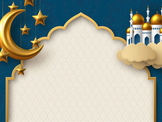 Ramadan Kareem vector card with 3d golden metal crescent, hanging stars, paper cut clouds, mosque. Arabic style arch with traditional pattern. Copy space. - obrazy, fototapety, plakaty