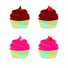 Sweet Cupcake vector illustration isolated on white background. Sweets muffins and cream with flat vector Illustration of cupcake with strawberry