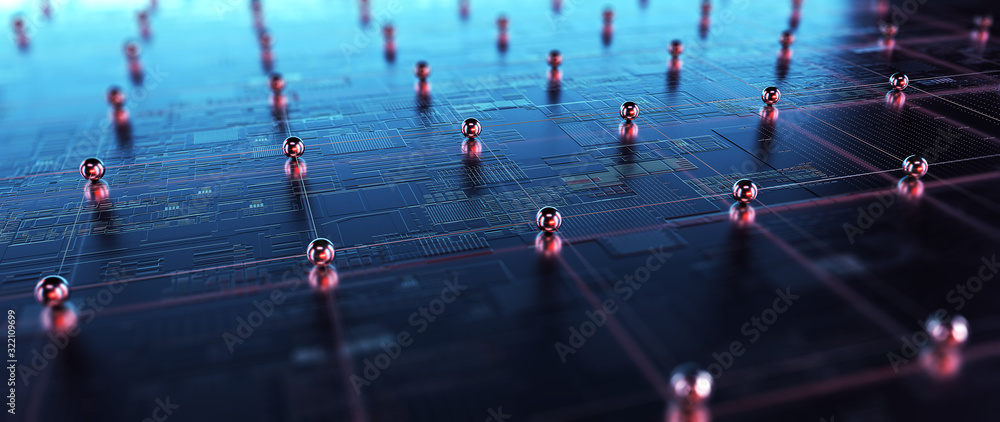 Poster Block chain network. 3D Rendering
