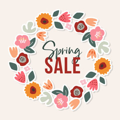 Colorful poster with hand drawn floral wreath. Spring Sale business concept. Cut out circle of tulip, rose, daisy flowers and leaves. Modern design. Vector illustration background for banners, cards.