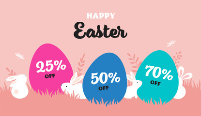 Happy Easter banner with bunny, flowers and eggs. Egg hunt poster. Spring background, vector illustration 