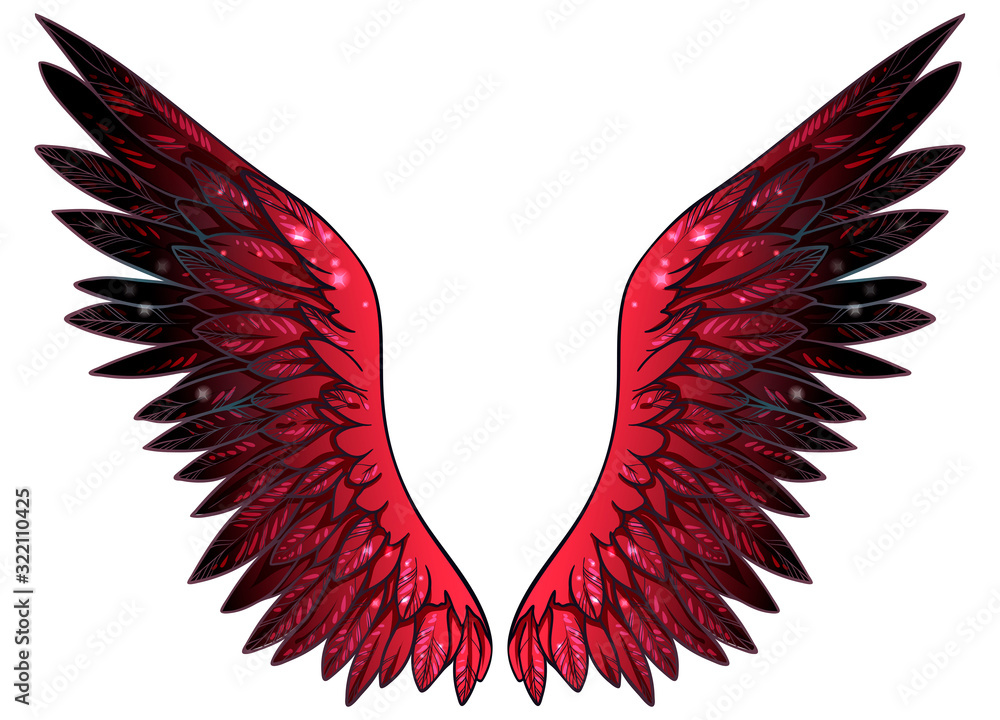 Wall mural beautiful magic red black shiny glittery wings, hand drawn vector