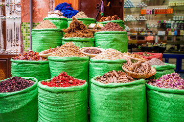 Plenty of spices in front of shop in Marrakech, Morocco