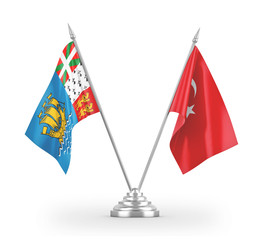 Turkey and Saint Pierre and Miquelon table flags isolated on white 3D rendering