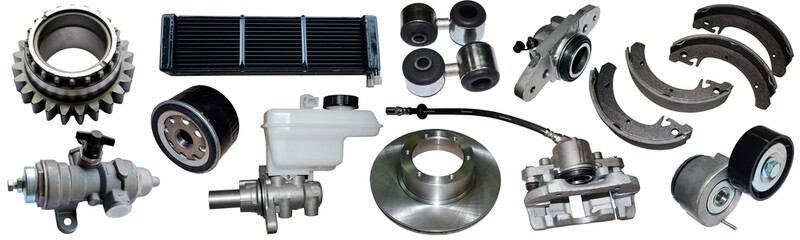 Auto spare parts car on the white background. Set with many isolated items for shop or aftermarket