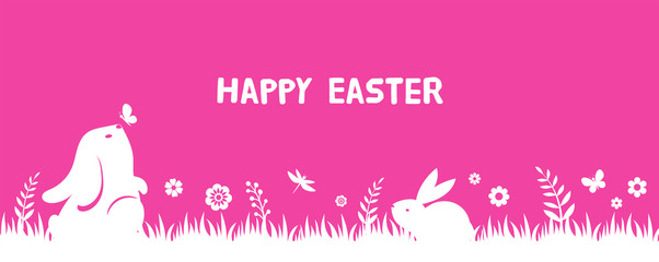 Happy Easter banner with bunny, flowers and eggs. Egg hunt poster. Spring background, vector illustration