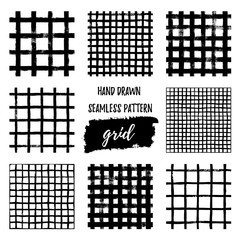 Set of Grunge Grid seamless patterns. Abstract plaid texture hand drawn with a ink brush strokes. Vector Monochrome Scandinavian background in a simple style for print on textiles, Wallpaper, t-shirts