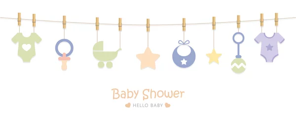 Fotobehang baby shower welcome greeting card for childbirth with hanging utensils vector illustration EPS10 © krissikunterbunt