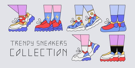 Collection of trendy retro sneakers with high socks. Outline flat style vector illustration for stickers, shoe or footwear shop banner, flyer, ad design. Set of female or male legs in platform shoes.