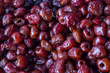 top view texture of the cherry. Red berry dried fruit. Diet food, vegetarian red berry natural nutrition.