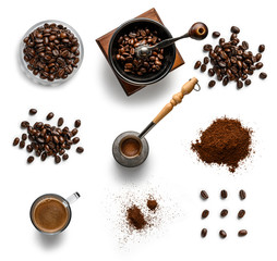 Coffee and accessories top view on white background