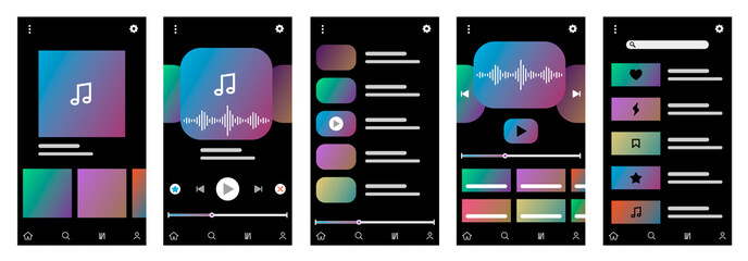 Set of UI, UX, GUI screens Music app flat design template for mobile apps, responsive website wireframes. Web design UI kit. Music Dashboard.