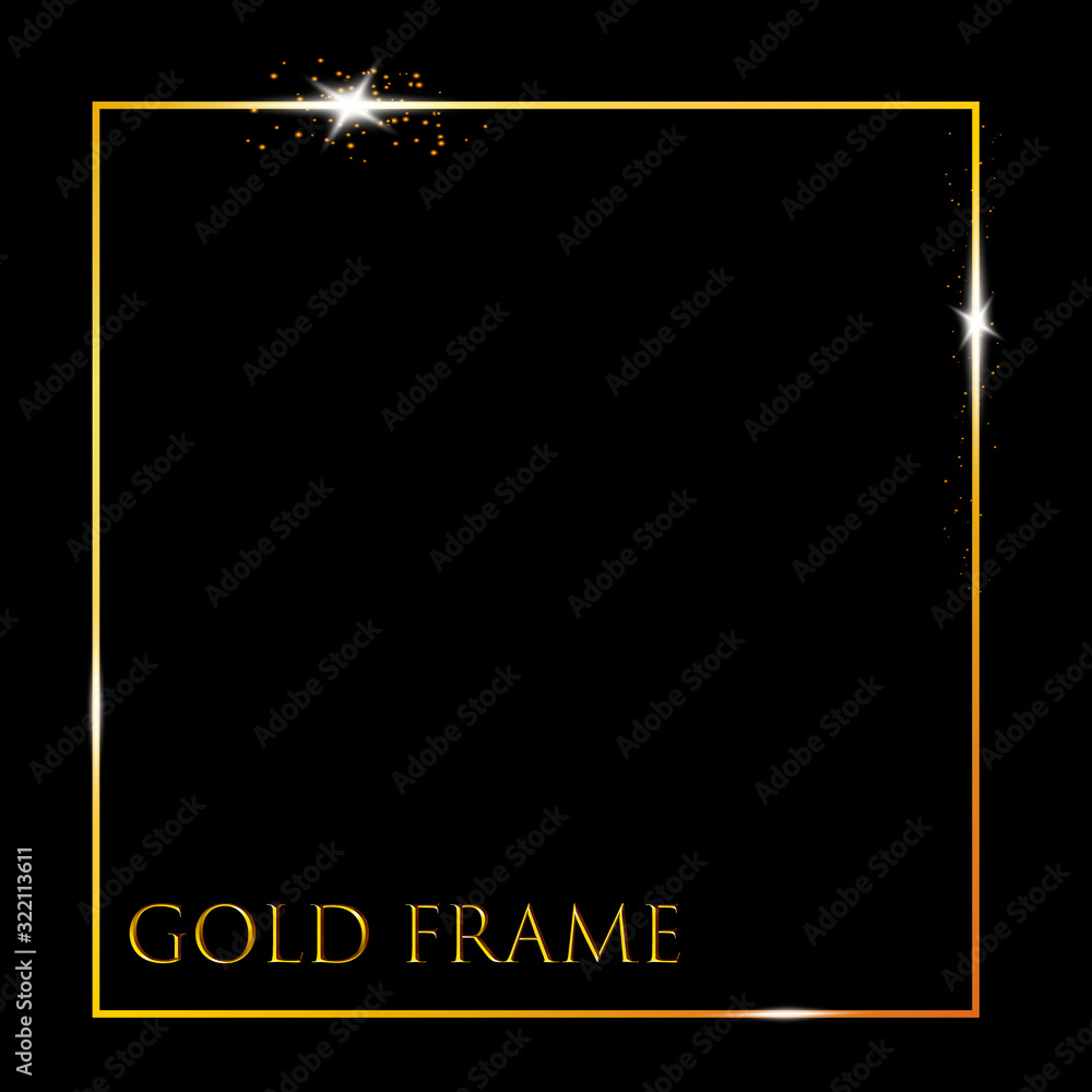 Poster vector golden frame with lights effects. shining rectangle banner. isolated on black transparent bac