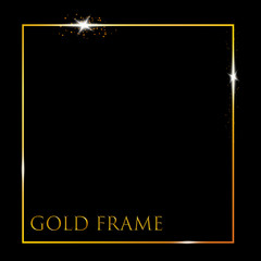 Vector golden frame with lights effects. Shining rectangle banner. Isolated on black transparent background. Vector illustration, eps 10.