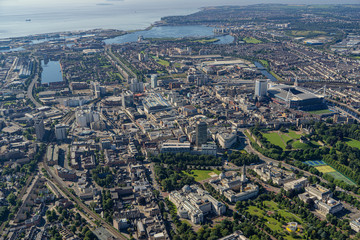 Helicopter aerial of Cardiff City Centre