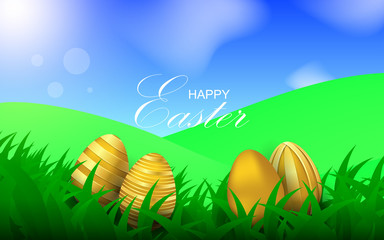 Realistic golden eggs shapes on green grass with nature background concept. Vector design can use for element cover, banner, wallpaper, invitation, card event happy Easter