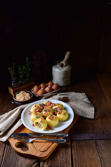 Polish dumplings with meat and mushroom sauerkraut filling