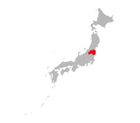 Fukushima province highlighted on Japan political map. Gray background. Perfect for business concepts, backgrounds, backdrop, sticker, banner, poster, label, chart, presentation etc.