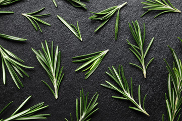 Flat lay composition with fresh rosemary, spices, oil on dark concrete background, space for text
