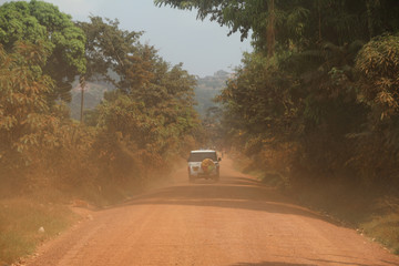 auto terenowe jadące po szutrwoej drodze wśród dziekij roślinności na afrykańskiej sawannie