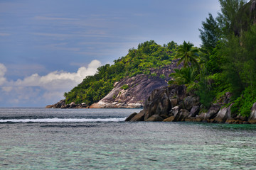 Distance view of tropical Therese island Mahe Seychelles.