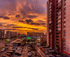 Unusually colorful sunrise in St. Petersburg at the beginning of February.