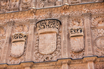 Detail of the beautiful facade of the historical building of the  University of Salamanca