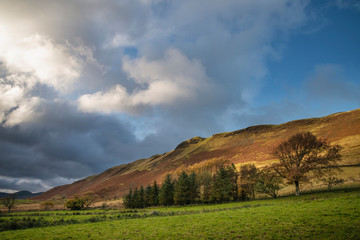 Beautiful Autumn Fall landscape view along valley towards Mellbreak and Grasmoor in Lake District with vibrant epic lighting in late afternoon